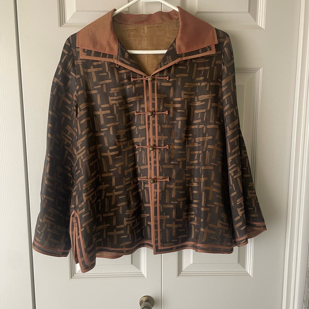 Earthen Silk |  100% Silk Bamboo Print Jacket. Rope Knot Button. Size Large. USA - Picture 11 of 11